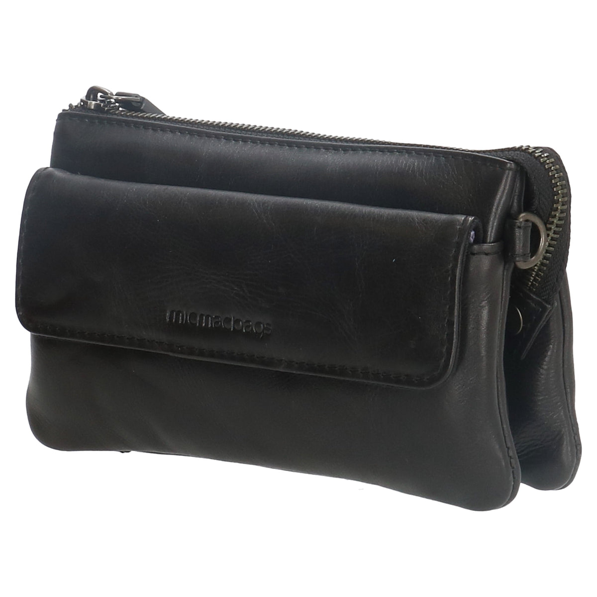 Umhängetasche| Mini Bag 20,5 x 12cm in Schwarz aus Leder mit Vortasche - leder-accessoires.com