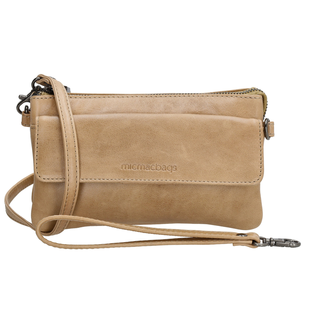 Umhängetasche| Mini Bag 20,5 x 12cm in Taupe aus Leder mit Vortasche - leder-accessoires.com
