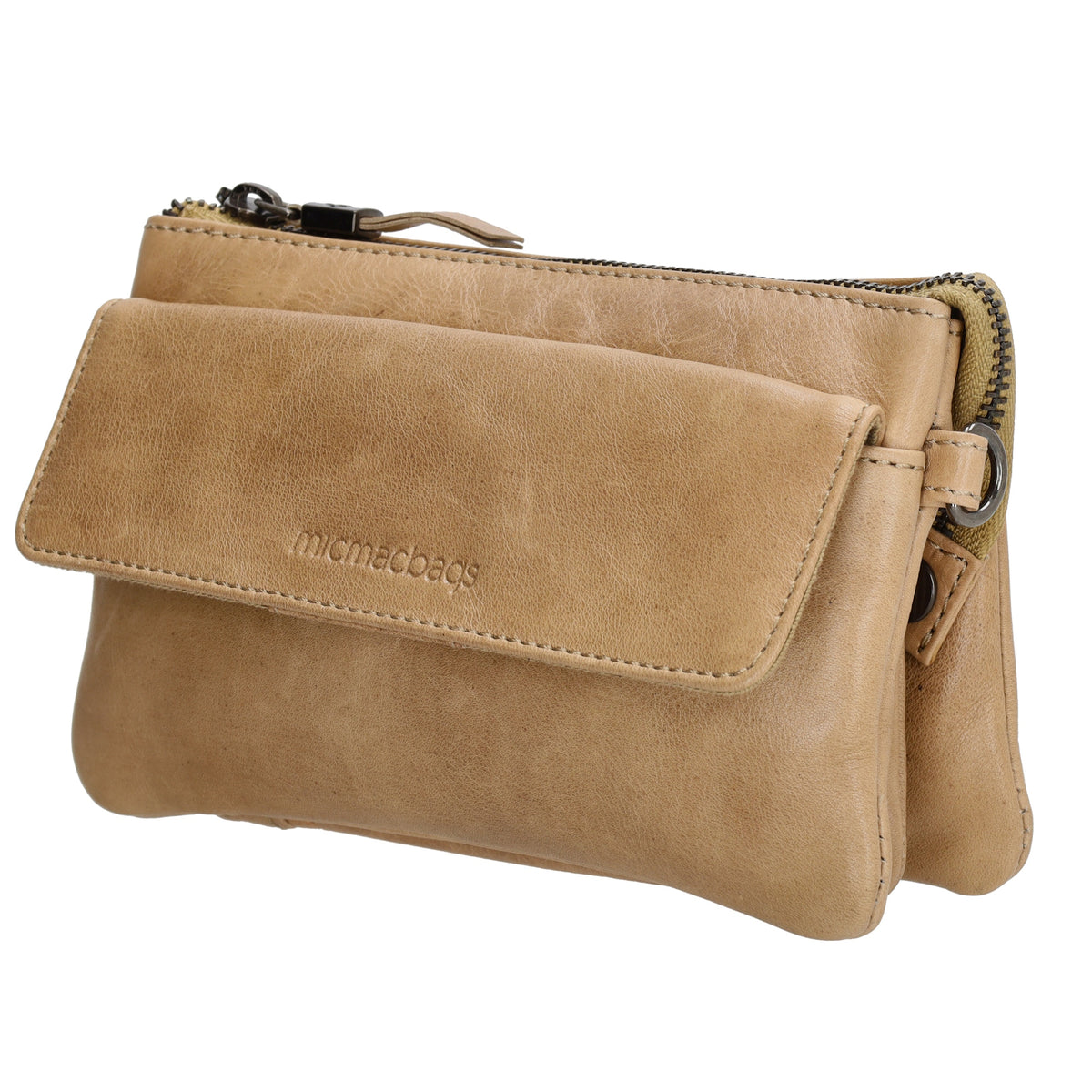 Umhängetasche| Mini Bag 20,5 x 12cm in Taupe aus Leder mit Vortasche - leder-accessoires.com