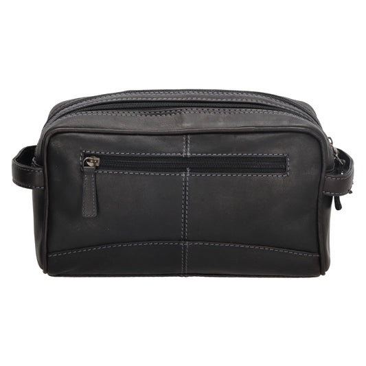 Kulturtasche 25x15cm in Schwarz aus Leder mit zwei Fächern - leder-accessoires.com