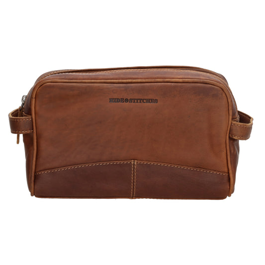 Kulturtasche 25x15cm in Cognac aus Leder mit zwei Fächern - leder-accessoires.com