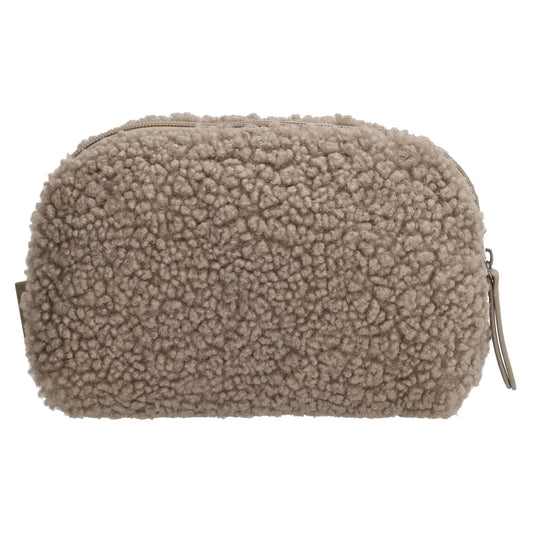 Schmuck-| Kulturtasche 26 x 6,5cm in Taupe aus Teddyfell - leder-accessoires.com