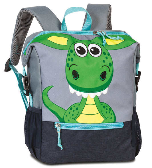 Kinderrucksack "Drache " aus recyceltem Material in Grün|Grau - leder-accessoires.com