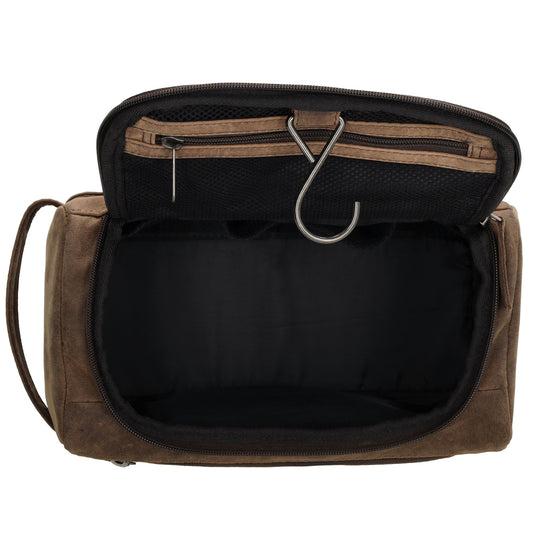 Kulturtasche 26x14,5cm in Dunkelbraun aus Leder zum Hängen - leder-accessoires.com