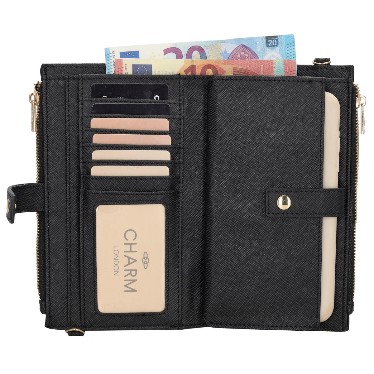 Börse|Handytasche 12x18,5cm in Schwarz mit Umhängeriemen - leder-accessoires.com