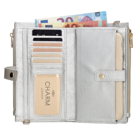 Börse|Handytasche 12x18,5cm in Silber mit Umhängeriemen - leder-accessoires.com