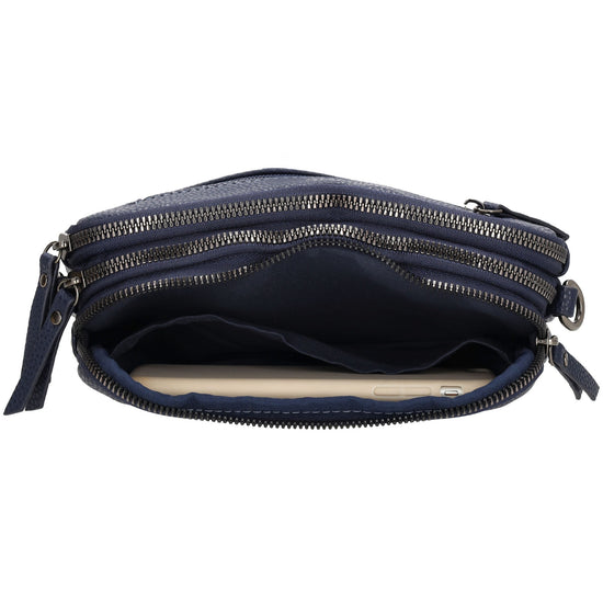 Schultertasche 21x14cm in Blau mit drei Hauptfächern und Reißverschluss - leder-accessoires.com