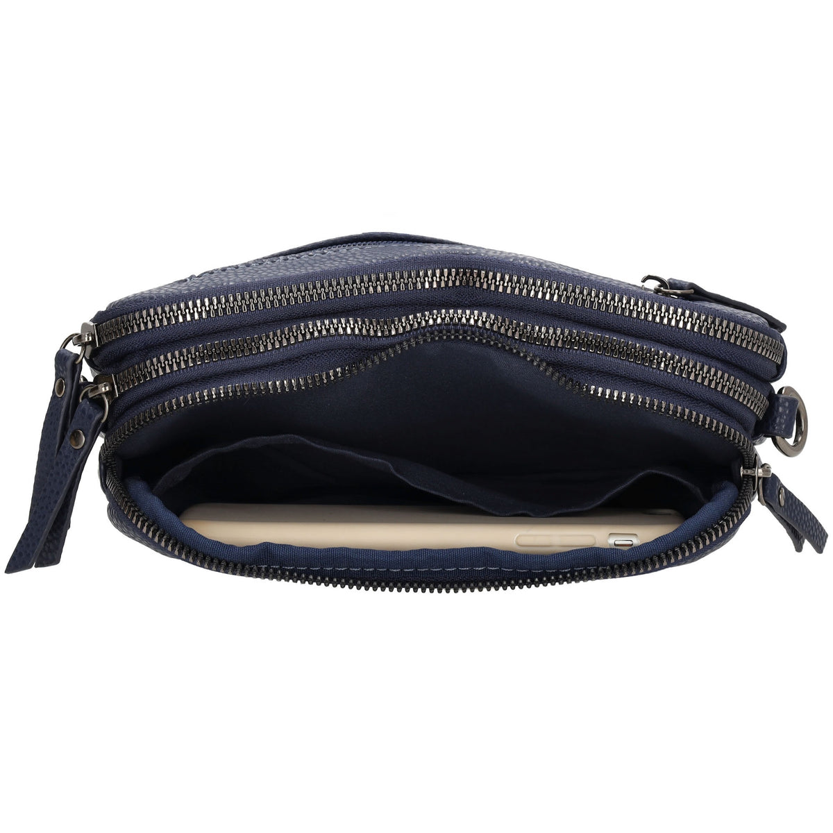 Schultertasche 21x14cm in Blau mit drei Hauptfächern und Reißverschluss - leder-accessoires.com