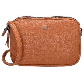 Schultertasche 21x14cm in Cognac mit drei Hauptfächern und Reißverschluss - leder-accessoires.com