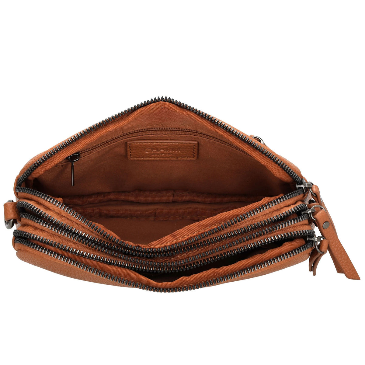 Schultertasche 21x14cm in Cognac mit drei Hauptfächern und Reißverschluss - leder-accessoires.com