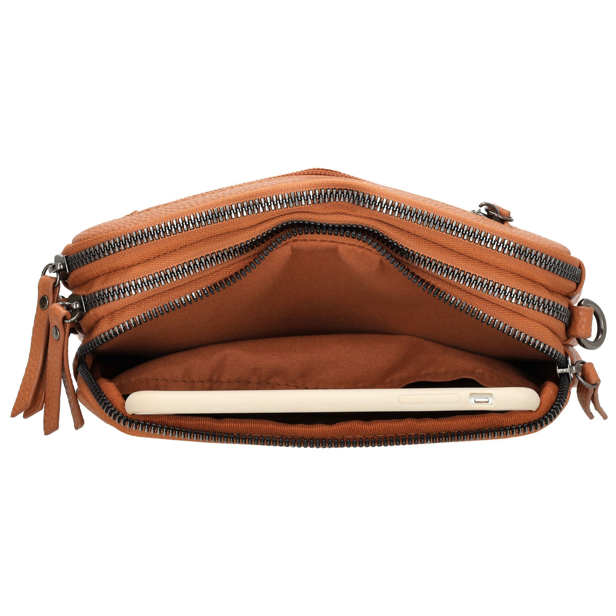 Schultertasche 21x14cm in Cognac mit drei Hauptfächern und Reißverschluss - leder-accessoires.com