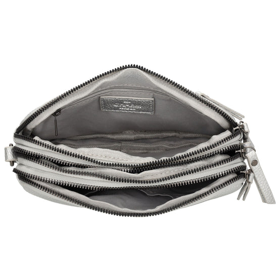 Schultertasche 21x14cm in Silber mit drei Hauptfächern und Reißverschluss - leder-accessoires.com