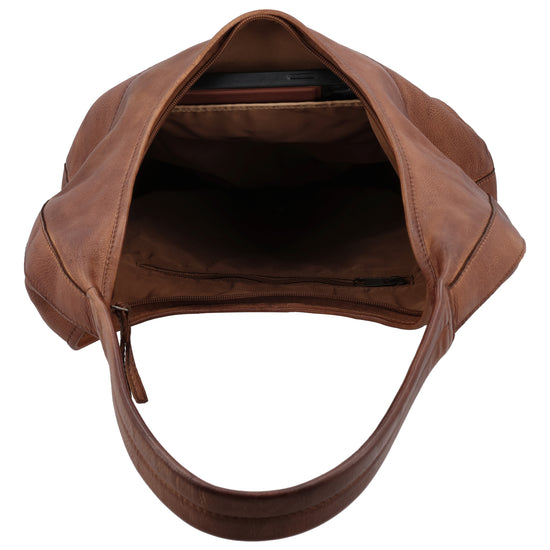 Umhängetasche| Beuteltasche 40x40cm aus Leder in Cognac mit Reißverschluss - leder-accessoires.com