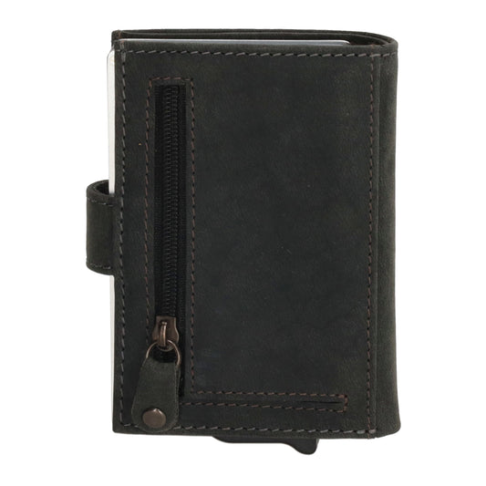 Schwarze Leder Safety Wallet 8,3x10,5cm mit Druckknopf & Reißverschlussfach - leder-accessoires.com