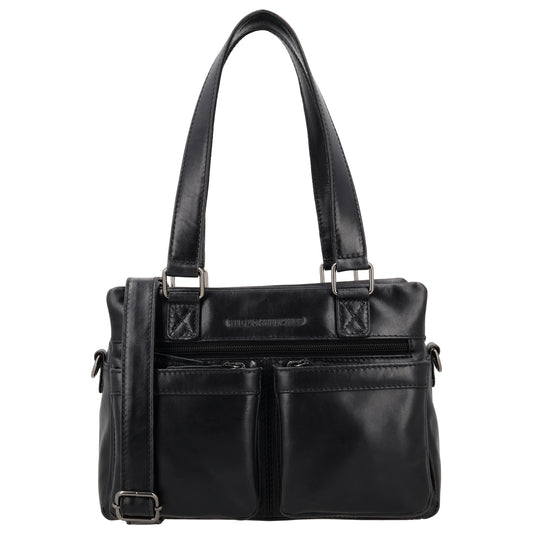 Schultertasche 18,5x27cm Schwarz mit Außentaschen aus Leder