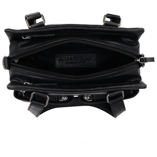 Schultertasche 18,5x27cm Schwarz mit Außentaschen aus Leder