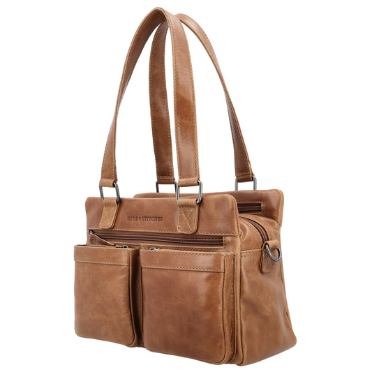 Schultertasche 18,5x27cm Cognac mit Außentaschen aus Leder