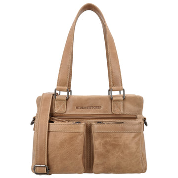 Schultertasche 18,5x27cm Taupe mit Außentaschen aus Leder