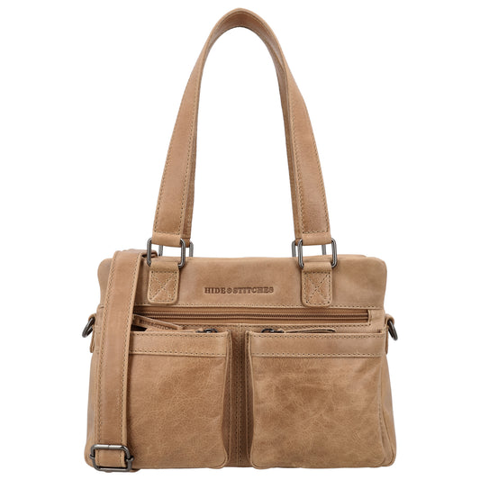 Schultertasche 18,5x27cm Taupe mit Außentaschen aus Leder