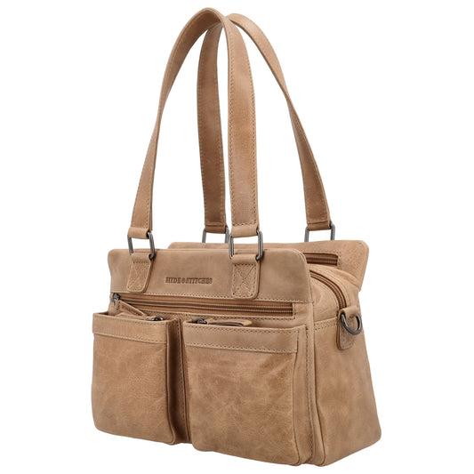Schultertasche 18,5x27cm Taupe mit Außentaschen aus Leder