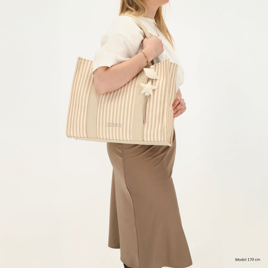 Shopper | Strandtasche 42x33cm Creme gestreift mit Reißverschluss - leder-accessoires.com