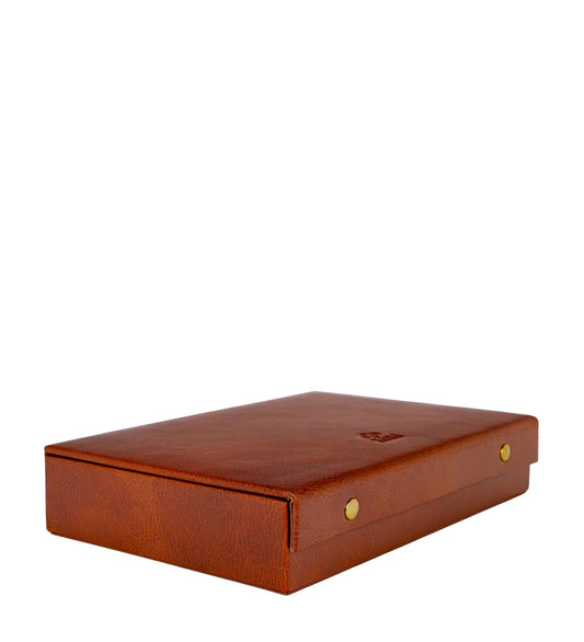 Schmuckdose 29,5 x 20,5m in Cognac mit Deckel und Druckknöpfen - leder-accessoires.com