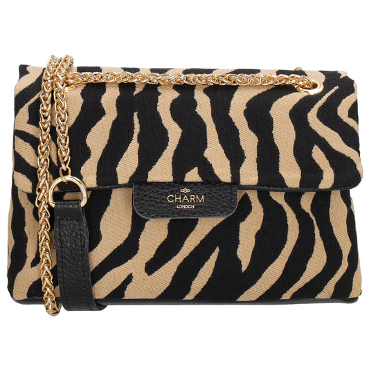 Schultertasche| Clutch 22 x 14cm in Zebra-Optik Braun mit Kettenriemen - leder-accessoires.com