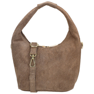 Kurzgrifftasche|Cross-Over 16 x 13cm in Taupe aus Veloursleder mit Reißverschluss - leder-accessoires.com
