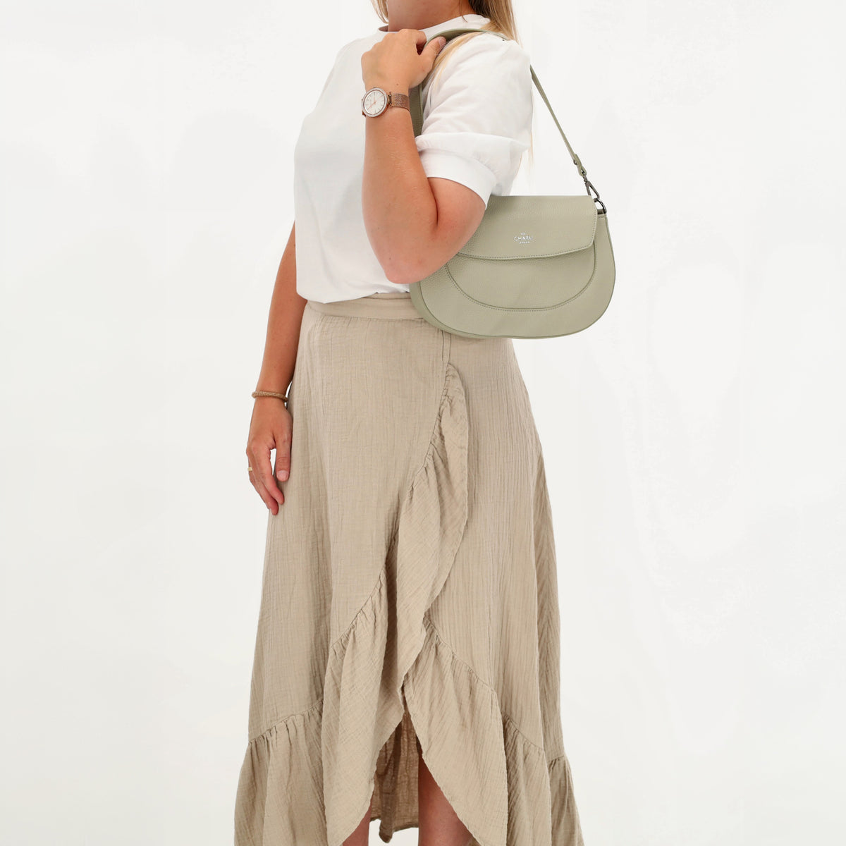 Schultertasche 28x17cm in Hellgrün mit Reißverschluss und Überschlag - leder-accessoires.com