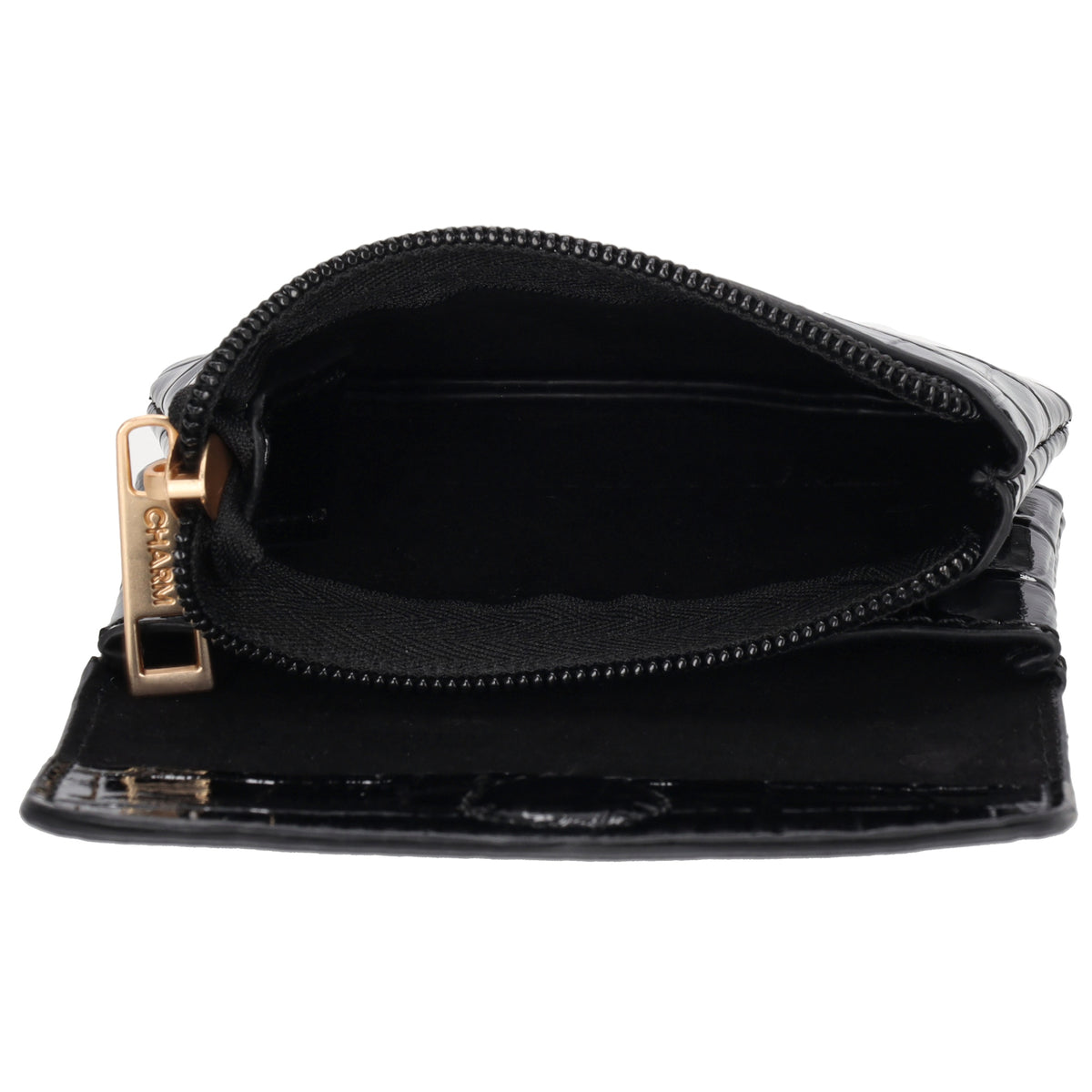 Schwarze Lackleder Geldbörse 11x8cm mit Krokoprägung – kompakt & elegant - leder-accessoires.com