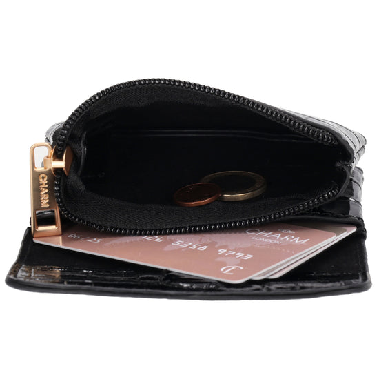 Schwarze Lackleder Geldbörse 11x8cm mit Krokoprägung – kompakt & elegant - leder-accessoires.com