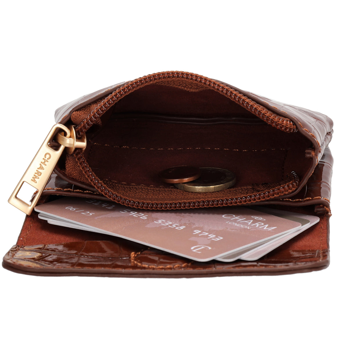 Braune Lackleder Geldbörse 11x8cm mit Krokoprägung – edel & praktisch - leder-accessoires.com
