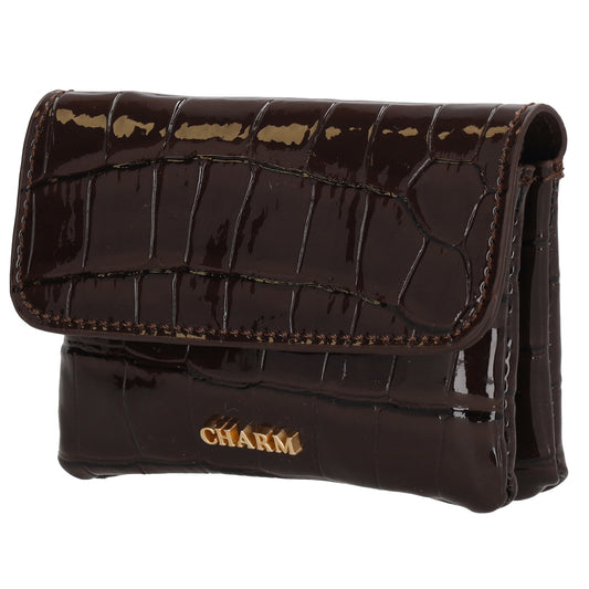 Dunkelbraun Lackleder Geldbörse 11x8cm mit Krokoprägung - leder-accessoires.com