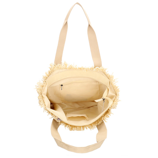 Fransen Shopper 35x36cm Creme – Aloha Basttasche Damen Sommer 2026 - leder-accessoires.com