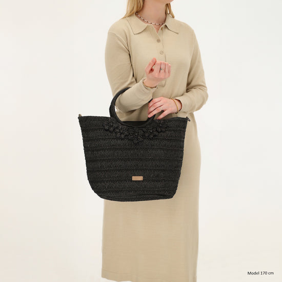 Shopper in Schwarz 31x49x18cm Stroh- Optik - leder-accessoires.com