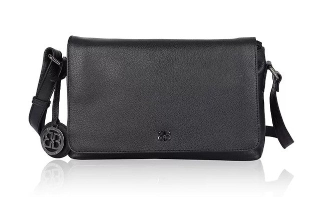 Umhängetasche Querformat aus Leder in Schwarz mit Überschlag - leder-accessoires.com