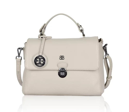 Kurzgrifftasche aus Leder in Beige mit Überschlag und Steckschloss - leder-accessoires.com
