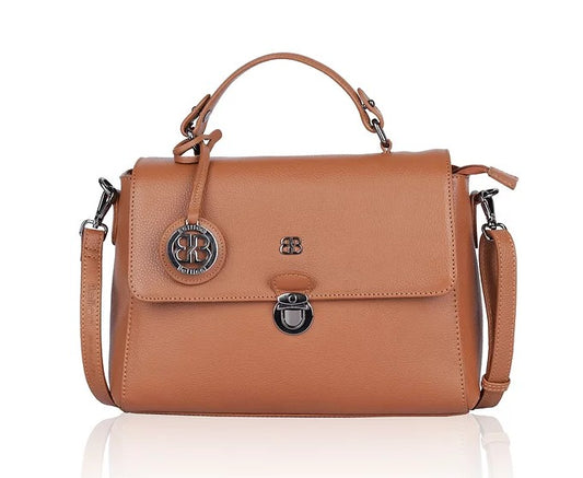 Kurzgrifftasche aus Leder in Cognac mit Überschlag und Steckschloss - leder-accessoires.com