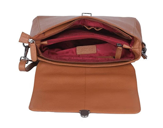 Kurzgrifftasche aus Leder in Cognac mit Überschlag und Steckschloss - leder-accessoires.com