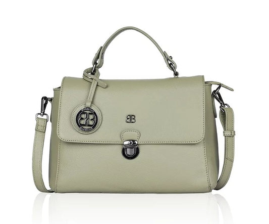 Kurzgrifftasche aus Leder in Olive mit Überschlag und Steckschloss - leder-accessoires.com