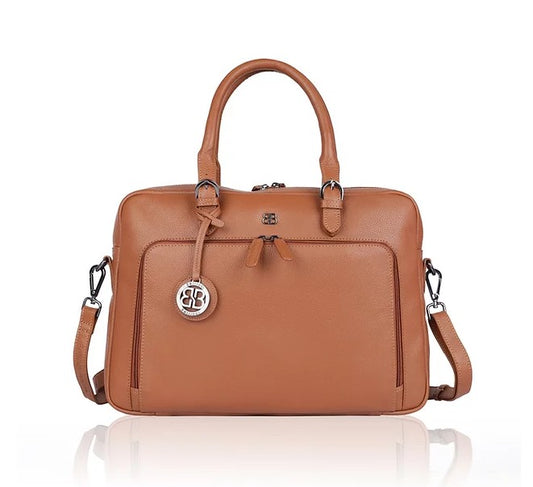 Kurzgriff-|Businesstasche aus Leder in Cognac mit Vortasche und Reißverschluss - leder-accessoires.com