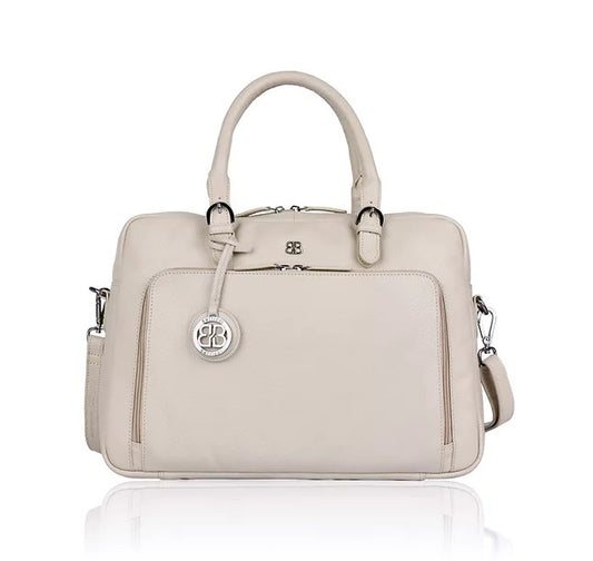 Kurzgriff-|Businesstasche aus Leder in Beige mit Vortasche und Reißverschluss - leder-accessoires.com
