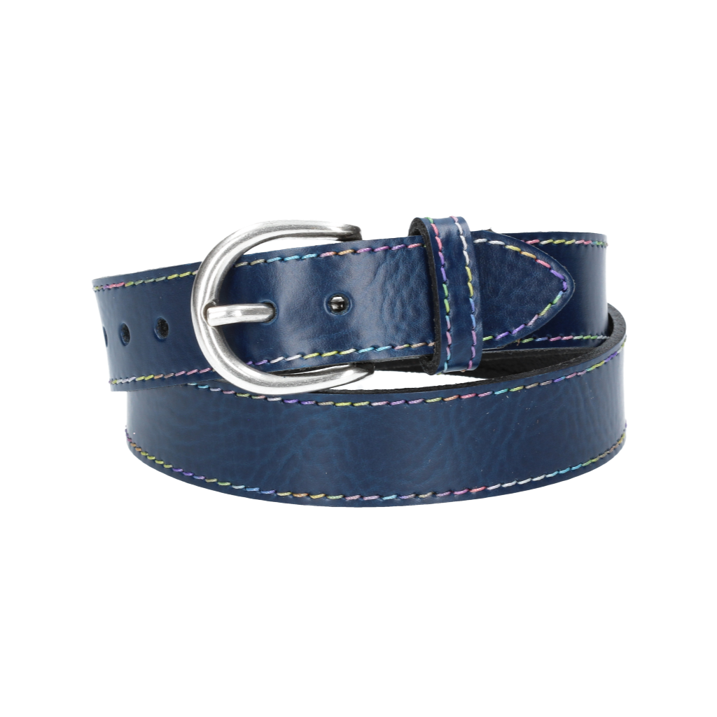 Ledergürtel Kids 25mm in Blau|Marine mit Multicolornaht und Dornschließe in Silber - leder-accessoires.com