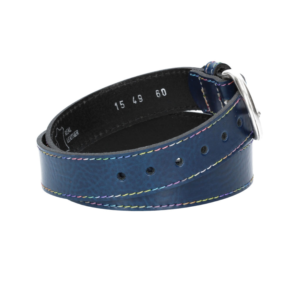 Ledergürtel Kids 25mm in Blau|Marine mit Multicolornaht und Dornschließe in Silber - leder-accessoires.com