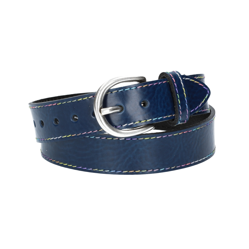 Ledergürtel Kids 25mm in Blau|Marine mit Multicolornaht und Dornschließe in Silber - leder-accessoires.com