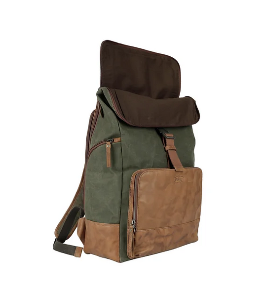 Rucksack mit Überschlag in Grün|Cognac aus Canvas und Leder - leder-accessoires.com