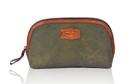 Kultur-|Kosmetiktasche Grün|Cognac aus Leder und Canvas - leder-accessoires.com
