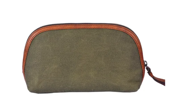 Kultur-|Kosmetiktasche Grün|Cognac aus Leder und Canvas - leder-accessoires.com