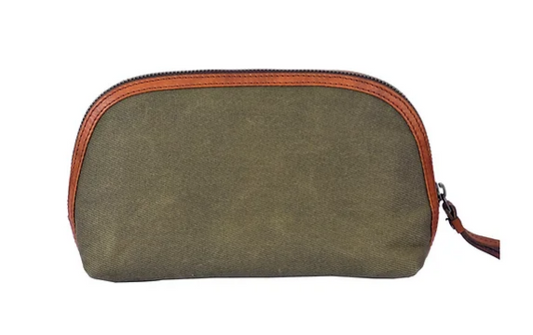 Kultur-|Kosmetiktasche Grün|Cognac aus Leder und Canvas - leder-accessoires.com