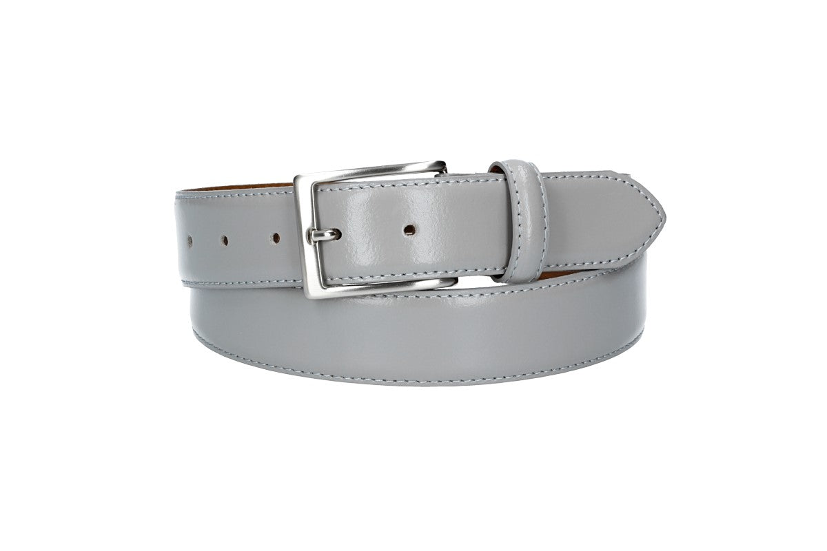 Herren-|Anzugsgürtel 35mm bombiert und abgenäht in Grau mit Dornschließe - leder-accessoires.com